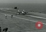 Image of British Royal Navy Vampire jet aircraft makes arrested landing aboard the U.S. carrier USS Antietam Atlantic Ocean, 1953, second 47 stock footage video 65675048902