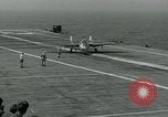 Image of British Royal Navy Vampire jet aircraft makes arrested landing aboard the U.S. carrier USS Antietam Atlantic Ocean, 1953, second 48 stock footage video 65675048902