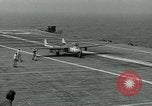 Image of British Royal Navy Vampire jet aircraft makes arrested landing aboard the U.S. carrier USS Antietam Atlantic Ocean, 1953, second 52 stock footage video 65675048902