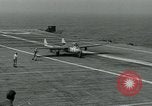 Image of British Royal Navy Vampire jet aircraft makes arrested landing aboard the U.S. carrier USS Antietam Atlantic Ocean, 1953, second 57 stock footage video 65675048902