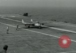 Image of British Royal Navy Vampire jet aircraft makes arrested landing aboard the U.S. carrier USS Antietam Atlantic Ocean, 1953, second 58 stock footage video 65675048902
