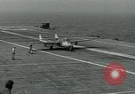 Image of British Royal Navy Vampire jet aircraft makes arrested landing aboard the U.S. carrier USS Antietam Atlantic Ocean, 1953, second 59 stock footage video 65675048902