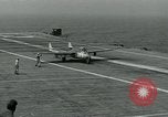 Image of British Royal Navy Vampire jet aircraft makes arrested landing aboard the U.S. carrier USS Antietam Atlantic Ocean, 1953, second 60 stock footage video 65675048902